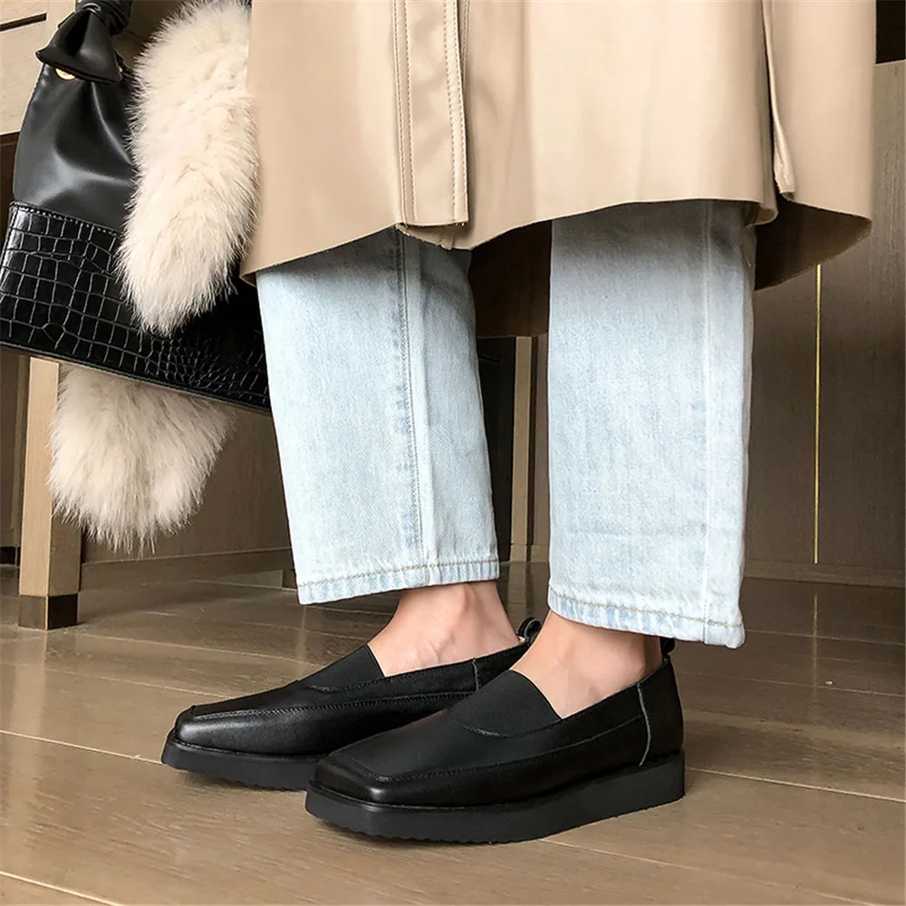 

Drestrive Cow Leather Women Flats Low Heel Platform Square Toe College Style Black Shallow Genuiner Leather Female Casual Shoes