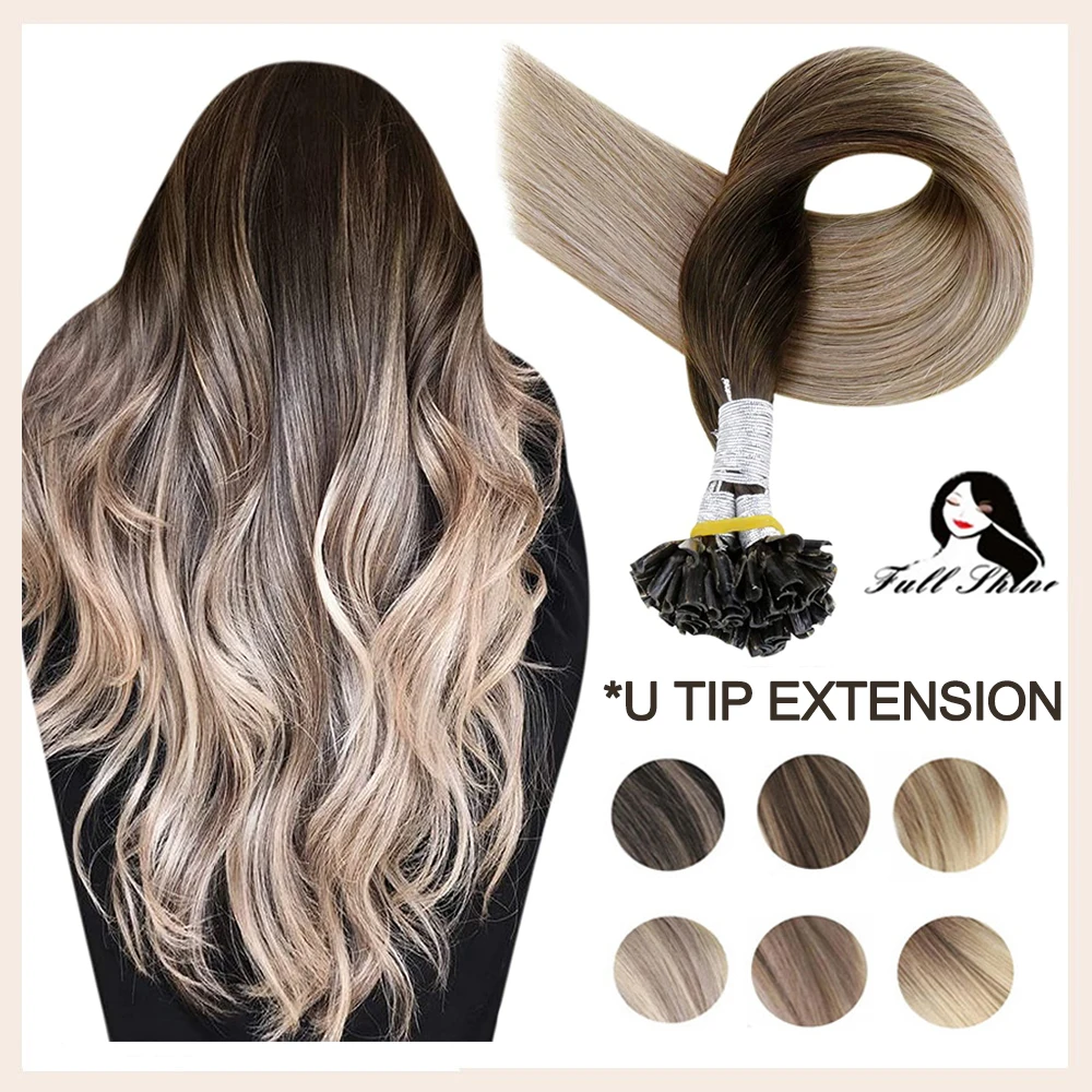 Full Shine Fusion Nail U Tip Hair Extensions Balayage Color Keratin Glue Beads Prebonded Human Hair Extensiones 50g Machine Remy