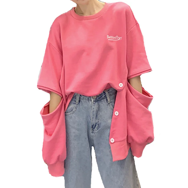 

2020 Autumn Casual Oversized Hollow Out Long Sleeve Thin Sweatshirt Women O Neck Side Split Button Up Hoodie Street Fashion Top