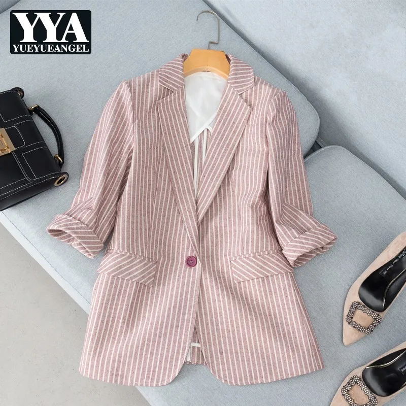 Женский Тонкий Блейзер в полоску из хлопка и льна повседневный приталенный на