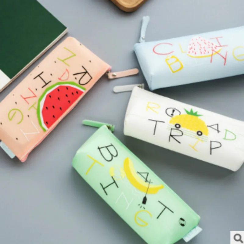 Student kawaii creative stationery bag small fresh fruit storage silicone triangle type female pencil case pen | Канцтовары для