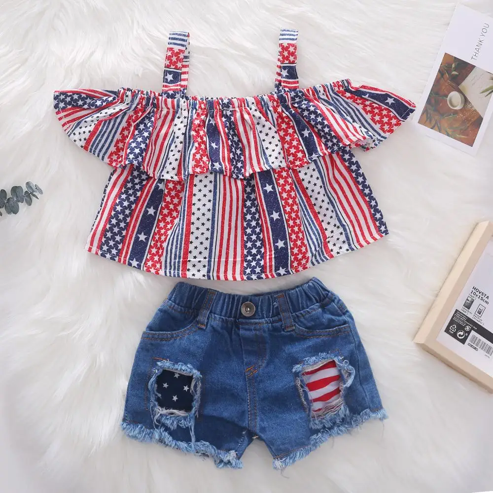 

Children Clothes Summer Stripe Baby Girls Clothes Set Sling Top+Denim Shorts Tracksuit Suit Kids Toddler Girls Outfits Clothes
