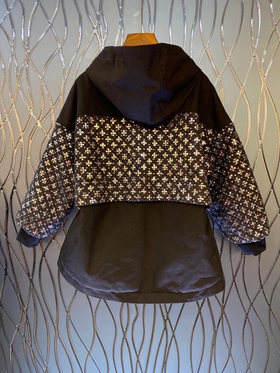 

2020 autumn and winter new women's neckline hooded color matching stitching embroidery zipper long-sleeved casual short jacket 1