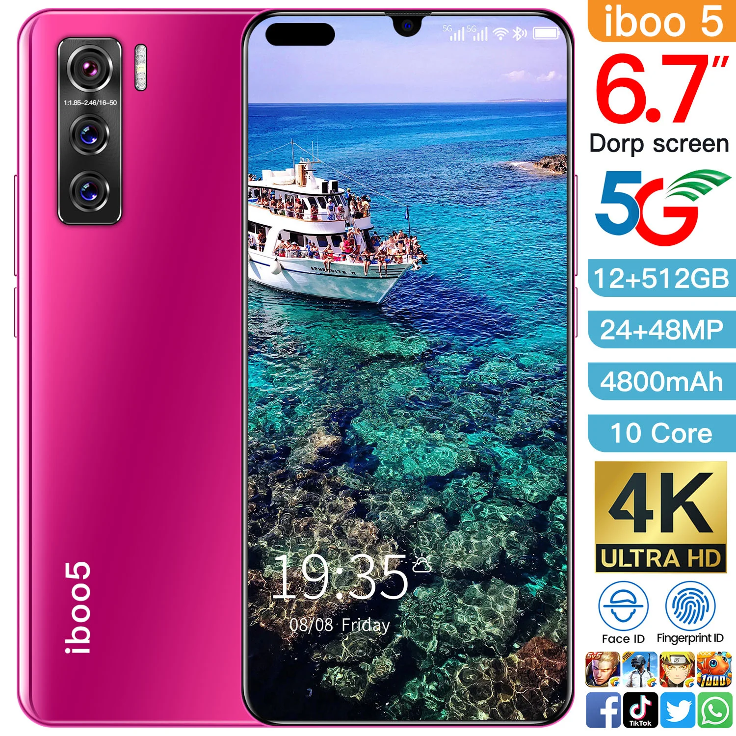 Cectdigi iboo 5 SmartPhone 6.7 Inch Android 10.0 Smartphone 12GB RAM 512GB ROM Dual Sim Unlocked 4800mAh 4G/5G Mobile Phone | Мобильные