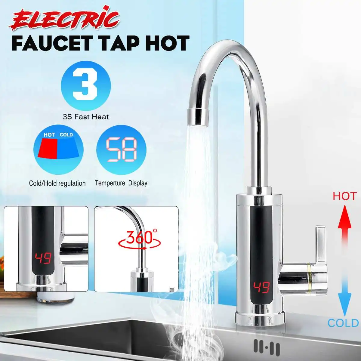 

EU Plug Household Electric instant heating faucet 3000W Hot cold dual-use Tankless water quickly heating tap LED display kitchen