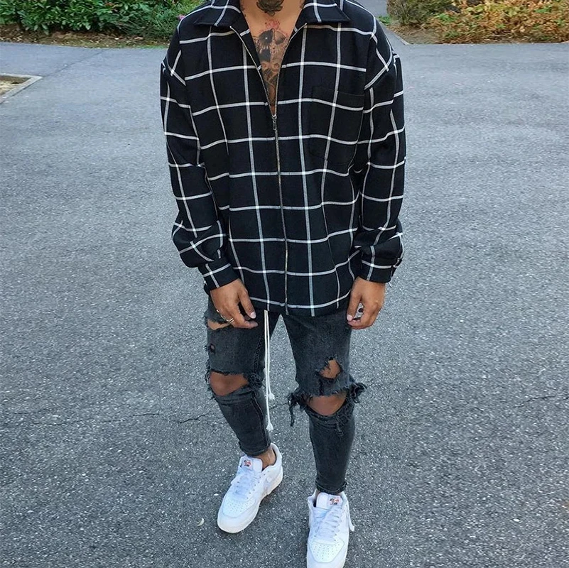 

Harajuku Half Sleeve Plaid Printed Men Jackets 2021 Spring Casual Loose Outwear Male Zipper Turn-down Collar Fashion Streetwear
