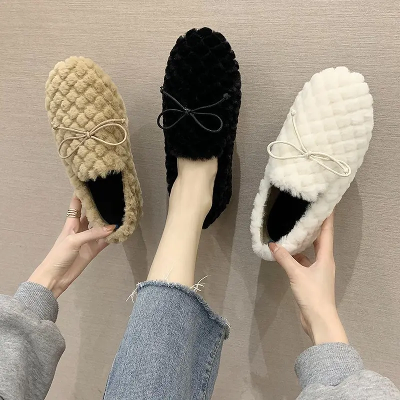 

2020 Shoes Women Winter Women Flat Shoes Casual Loafers Slip On Women's Fur Flats Shoes Bowknot Moccasins Lady wholesale