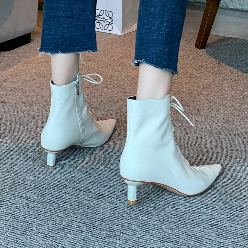 Jual Ukuran 34-40 Fashion Zipper Sepatu Wanita Hak Tinggi Kulit Asli Renda Boot Sepatu Wanita Fashion Pergelangan Kaki Sepatu Wanita Sepatu