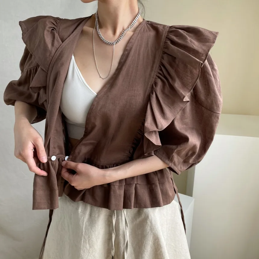 

Korean Style 2021 Summer Fashion Puff Sleeve Blouses Shirts Vintage Solid Sexy V-neck Oversize Office Lady Elegant Tops