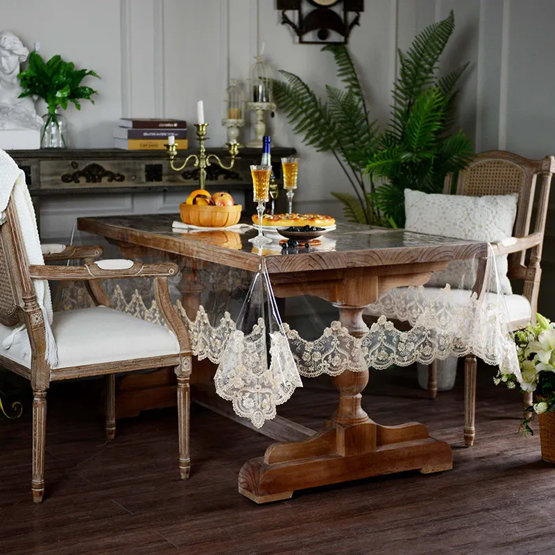 

Soft Glass Transparent Dining Rectangular Lace Tablecloth PVC Waterproof Coffee Table Cover Party Embroidery Decoration