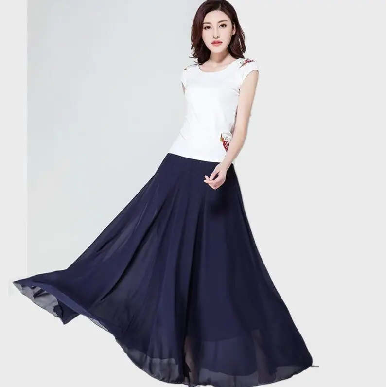 navy blue Бренд корейские Демисезонные женские плиссированные гофрированные длинные макси юбки, большие размеры богемные шифоновые юбки 5XL 6XL 7XL осенние юбки - Цвет: navy blue