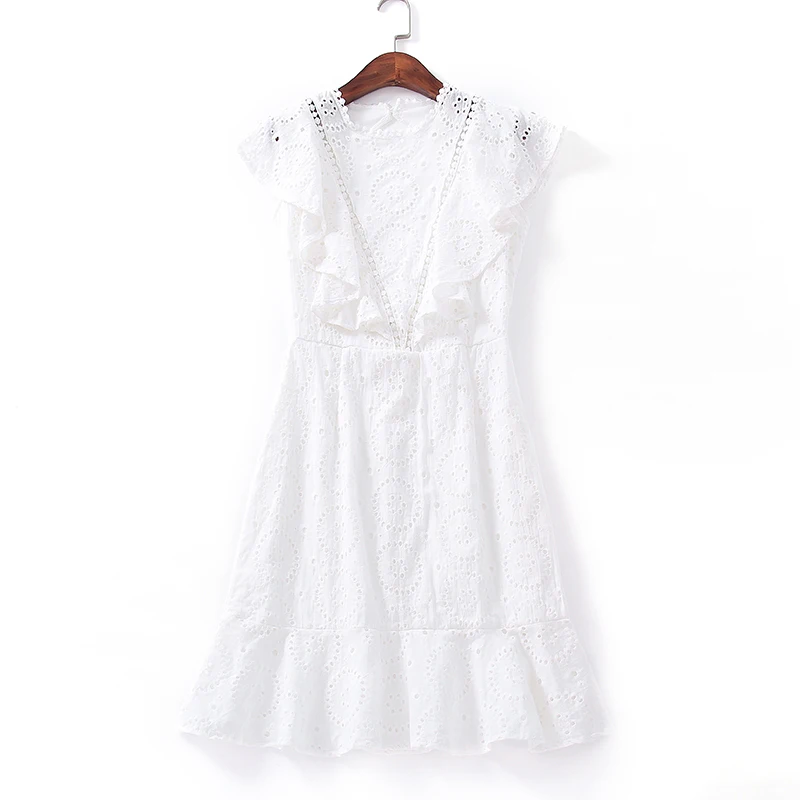 

New Women's solid elegant daily lace Dress Sexy hollow out o-neck Ruffled Dress Summer Party White mini Dresses free shipping