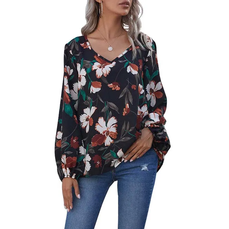 

Floral Print Blouse Women Summer Casual Fashion V-neck Long Sleeve Elegant Office Ladies Shirt Female Plus Size Tops And Blouses