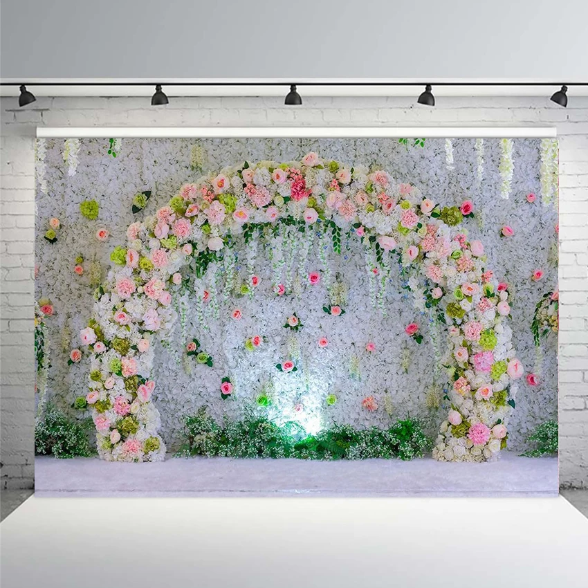 Wedding Lovers Valentine Day Backdrops Photographic Colorful Flowers Arch Lighting Stage Photography Background For Photo Studio