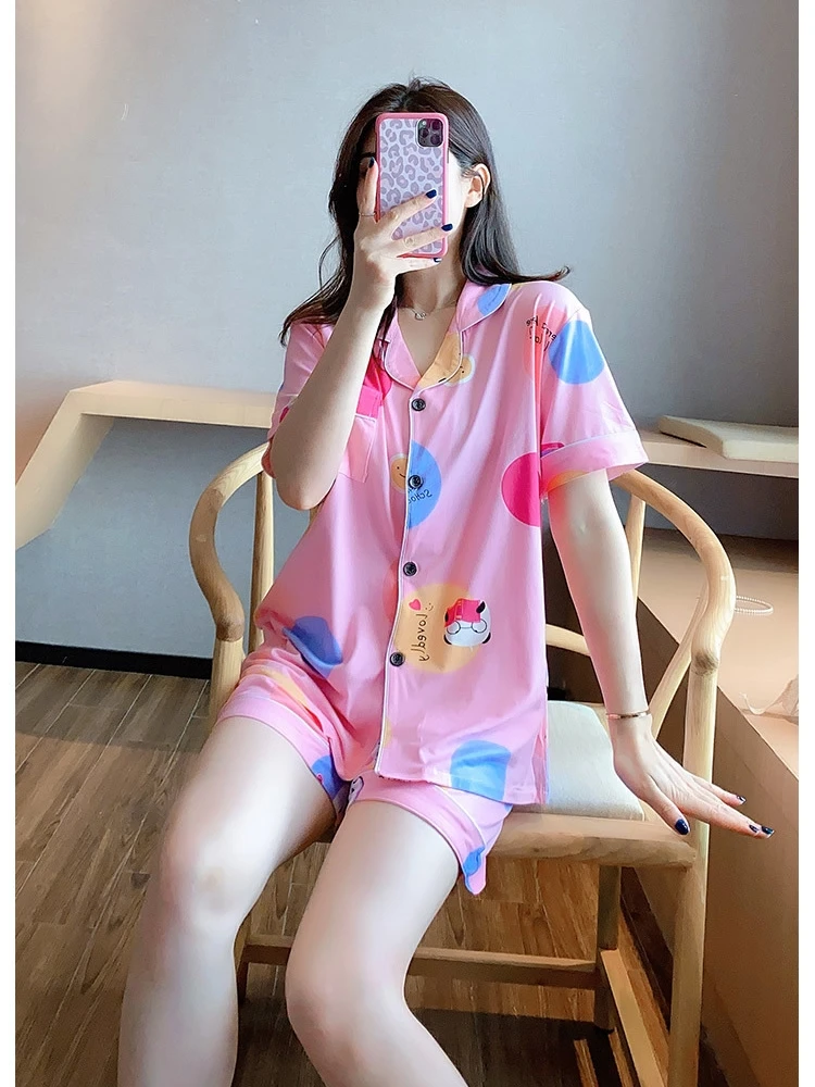 

Korean style pajamas women summer thin short-sleeved shorts cardigan loose cute cartoon home service two-piece suit ladies