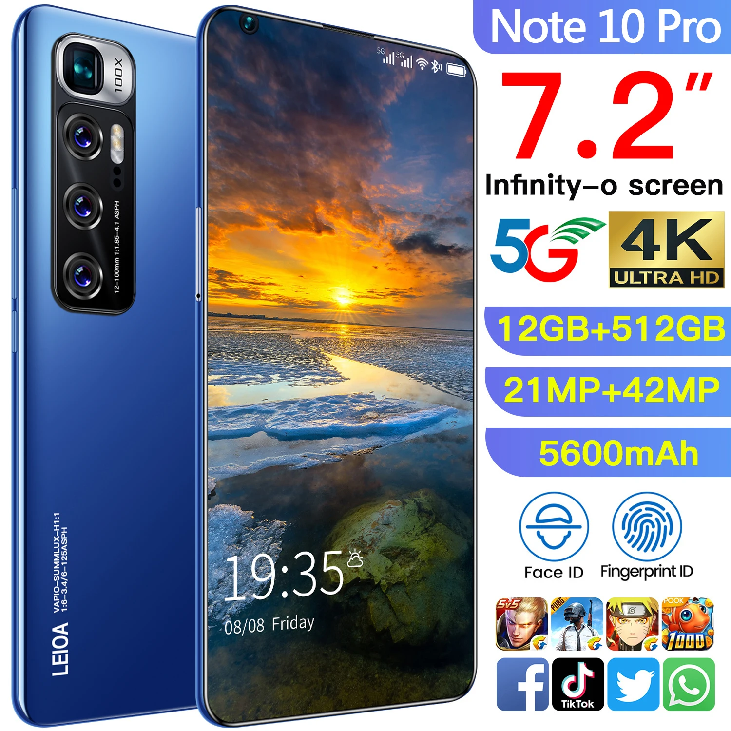Смартфон глобальная версия Note10 Pro 7 2 дюйма 5600 мАч 16 + 512 ГБ 21 42 Мп HD камера