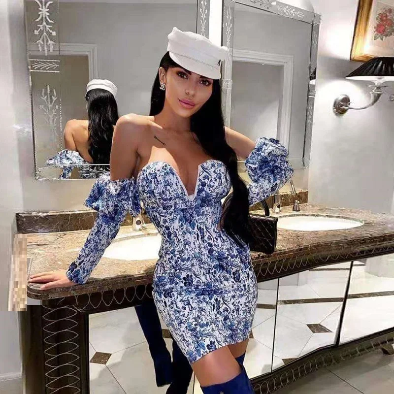 

Fashion Blue Printed Puff Sleeve Sexy Off Shoulder Backless Bodycon Mini Dress Women Long Sleeve Summer Party Dresses 2020