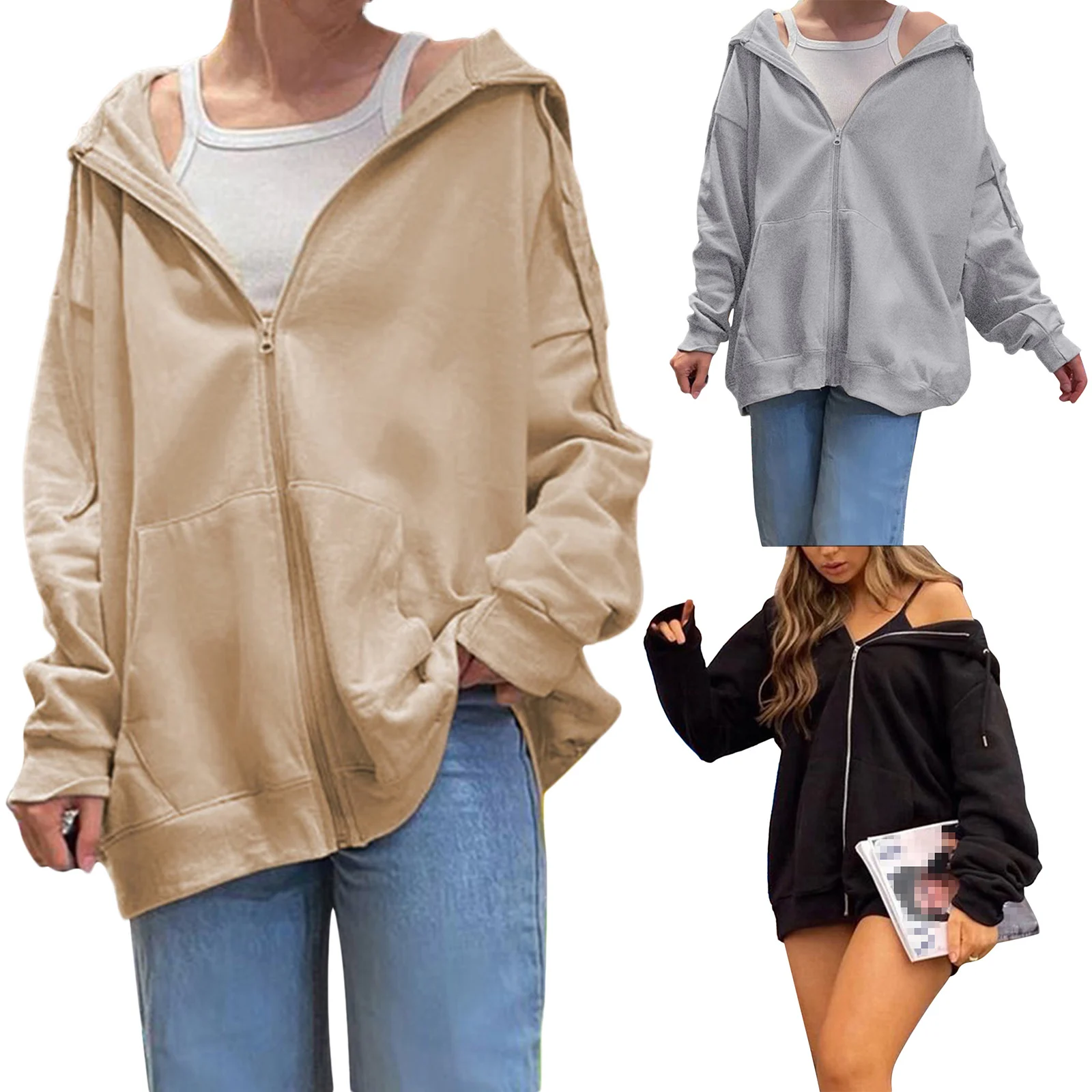 

Women Simple Style Jacket Solid Color Zipper Open Front Hooded Coat Grey/ Light Khaki/ Black