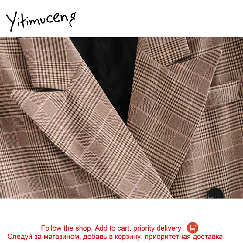 

yitimuceng hot sale plaid pant suits for women two piece set 2020 double breasted casual elegant fashion office suits for women