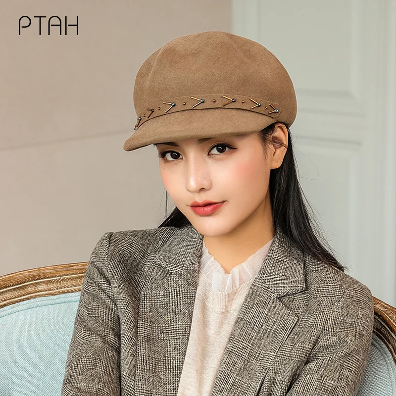 

[PTAH] Autumn Winter Wool Hats British Style Vintage Church Fedoras Hats Ladies Fascinator Hats Temperament Gentleman 100% Wool