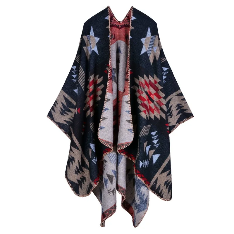 

2021 Autumn and Winter Ladies National Wind Retro Scarf Wild Plaid Ladies Travel Shawl Imitation Cashmere Wind Split Thick Cloak