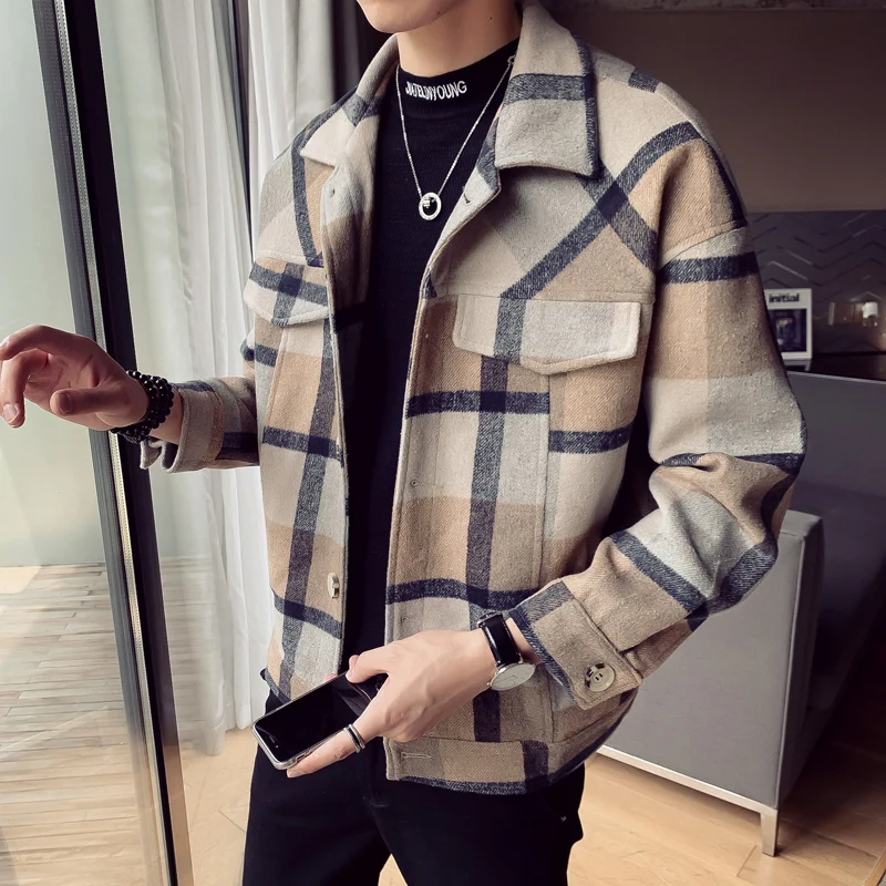 2019 осенне-зимнее Новое мужское модное короткое клетчатое шерстяное пальто с