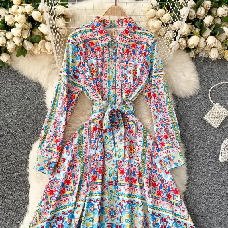 

Women's Spring Summer Runway Fashion Flower Print Dress Female Vintage Long Sleeve Chic Shirt Party Dress TB1569