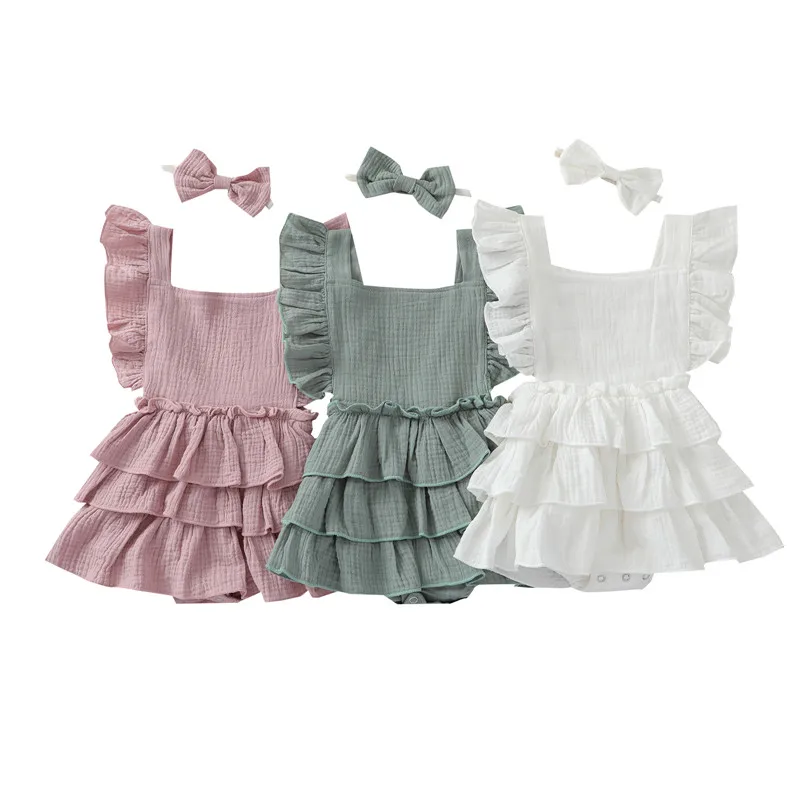 

Baby Girls Solid Color Clothes Sets Flying Sleeve Square Collar Jumpsuit with Ruffles + Bow-knot Headband Children's Clothing
