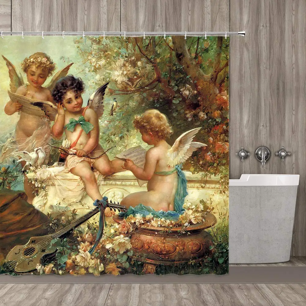 

Medieval Watercolor Art Painting Angel Guitar Drip Shower Curtain Set