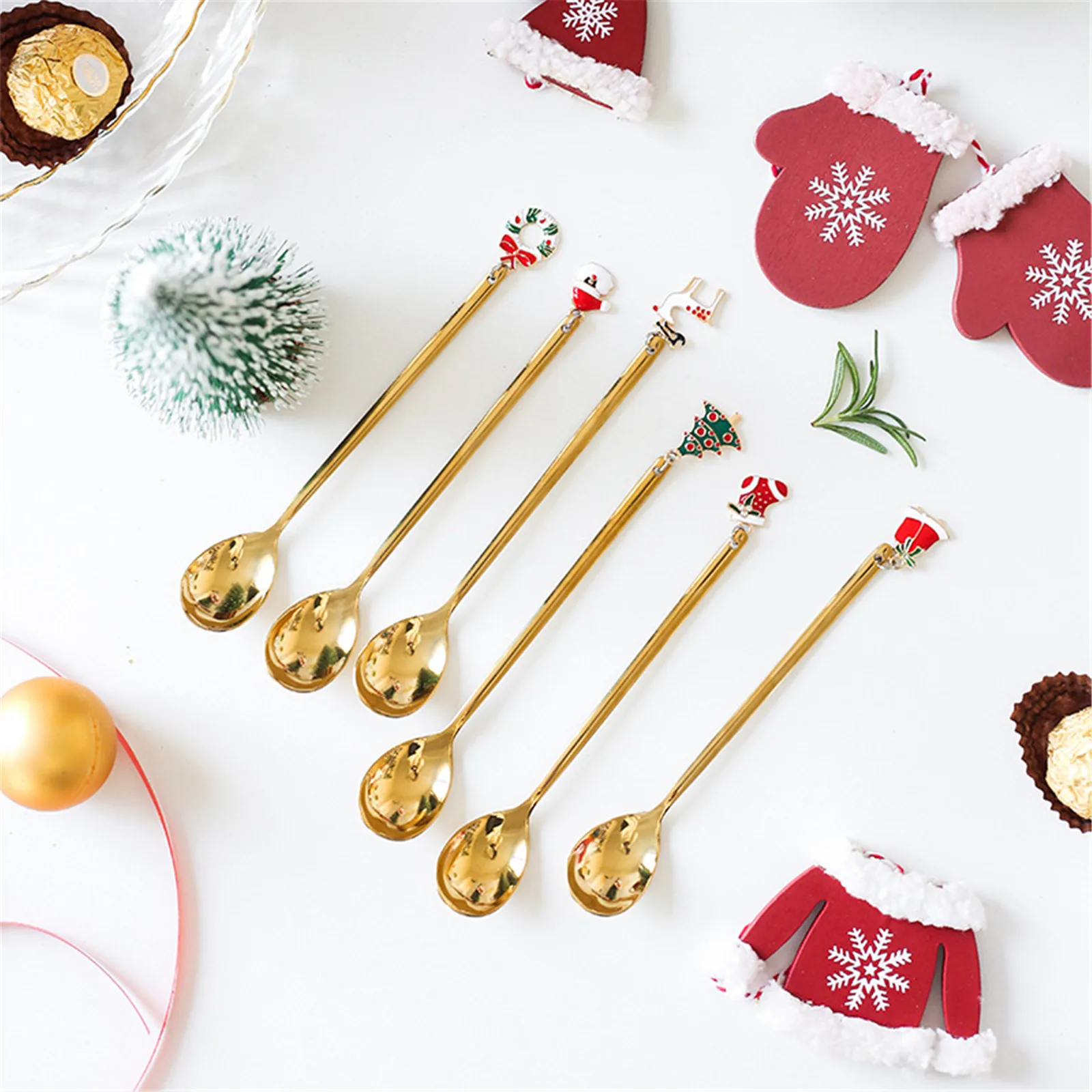 

6PCS Stainless Steel Spoon Set Christmas Coffee Spoon Ice Cream Soup Sugar Dessert Teaspoons Mixing Stirrer Kitchen Tableware