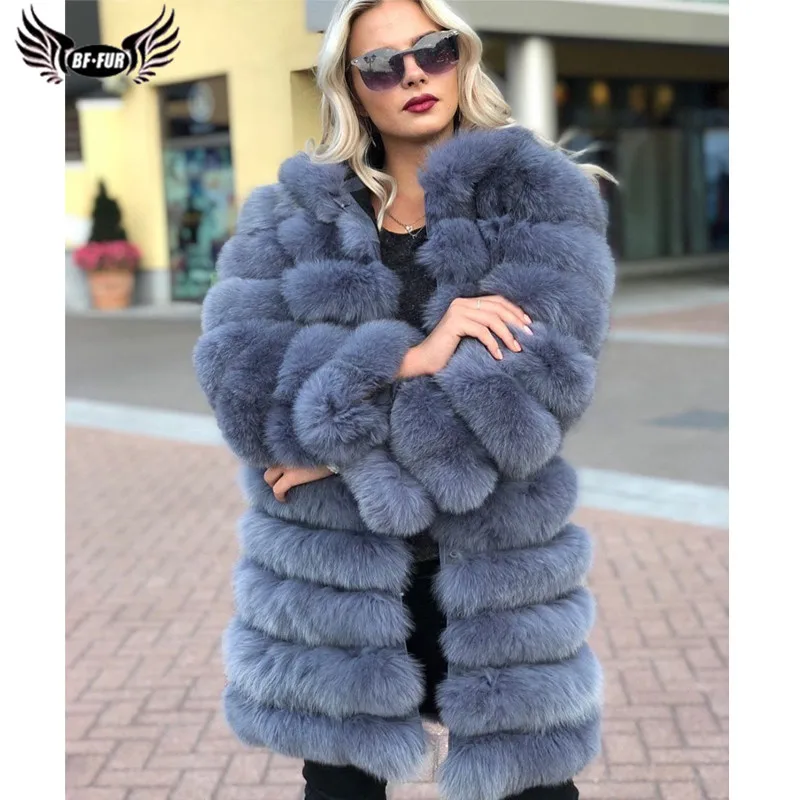 Enlarge BFFUR Woman Real Fox Fur Coat 90cm Long Thick Warm Genuine Blue Fox Fur Jackets Whole Skin Natural Women Fur Overcoats Luxury