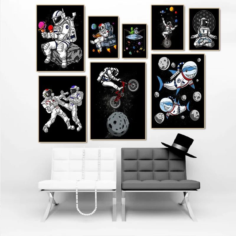 

Cartoon Animal Poster Is A Child Home Decor Nordic Style Black Astronaut Canvas Painting Wall Art Print Pictures for Living Room