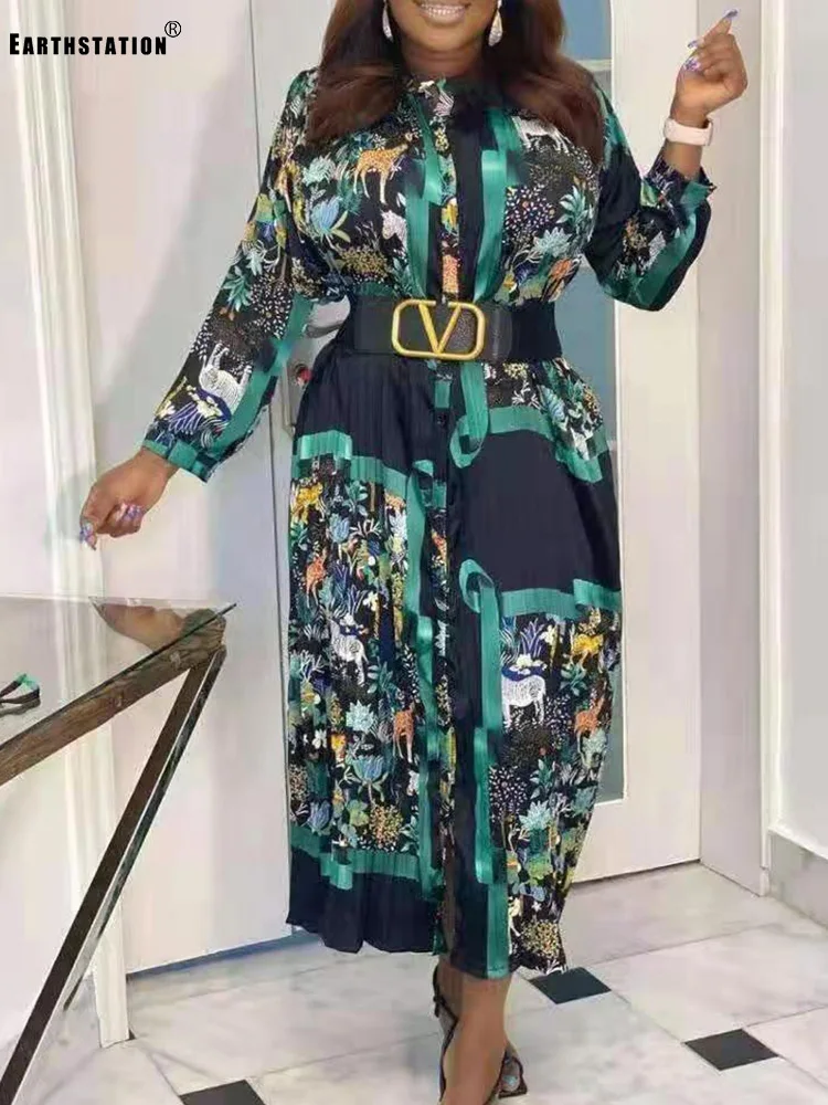 

Multicolor Retro Geometric Print Round Neck Single-breasted Lace-up Waist Dress Ladies Spring New Loose Straight Pleated Skirt