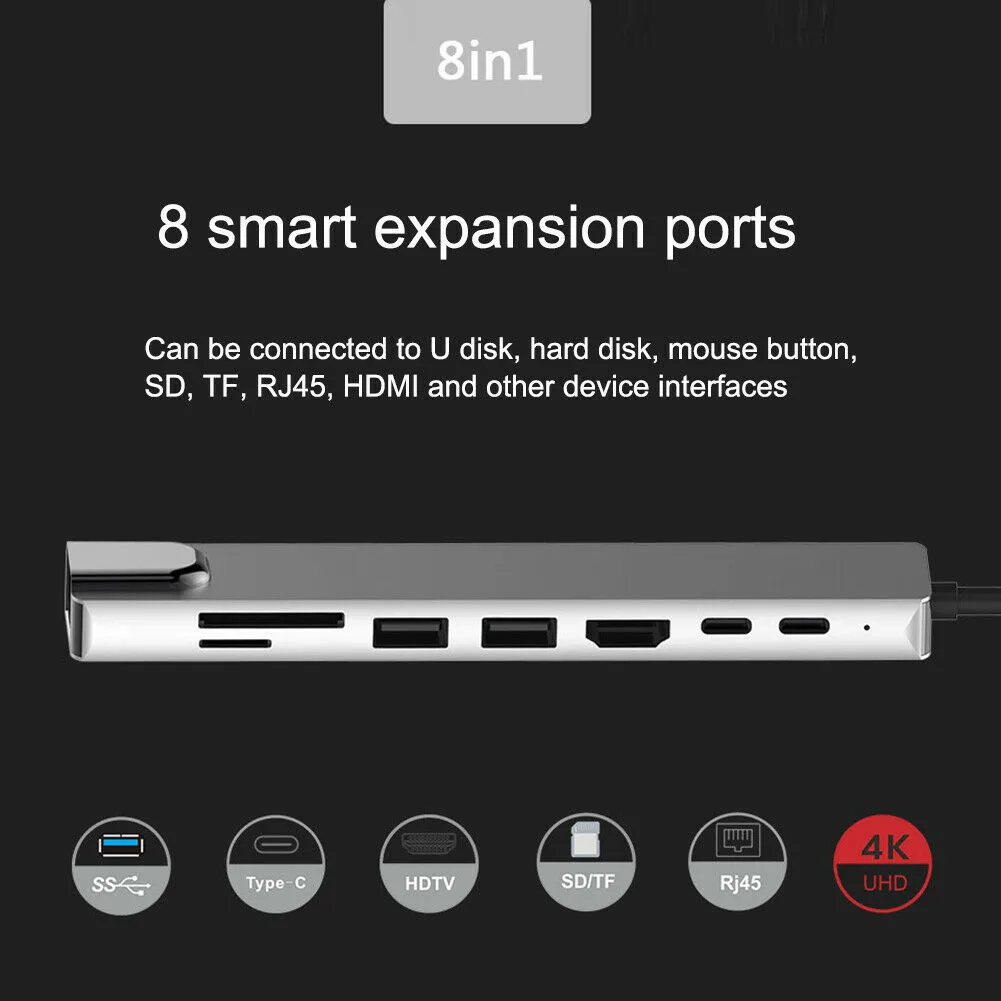 Алюминиевый сплав 8 в 1 USB-C концентратор Type-C многопортовый кардридер адаптер 4K HDMI