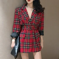 red plaid blazer women autumn fashion long sleeve sashes office lady elegant blazers new streetwear casual female suit coat red
