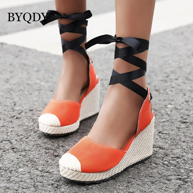 Женские босоножки на танкетке BYQDY летние вязаные вечерние высоком каблуке с