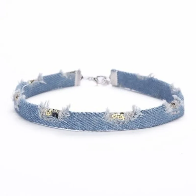 

6 Pieces/set Choker Necklace Blue Distressed Frayed Denim Jeans Gothic Choker Necklace rope chain for Women jewelry gift