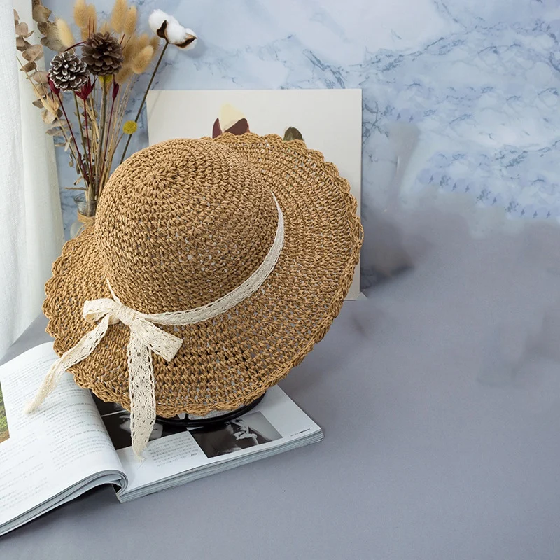 Летняя вязанная Шнуровка с бантиком большими полями соломенная шляпа от солнца