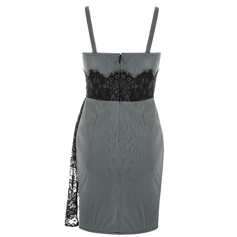 

2021 Grey Mesh Lace Patchwork Sexy V Neck Women Summer Party Dress Nightclub Robe Femme Casual Bodycon Banquet Vestidos DH7486