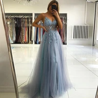 blue evening dresses long 2022 lace beading spaghetti strap prom gowns floor length custom tulle party dress vestido de fiesta