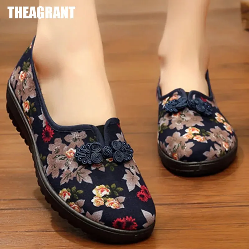 THEAGRANT Vintage Print Women Flats Shoes Embroidered Chinese Traditional Slip-on Loafers Canvas Casual Shoes Woman WFS3109