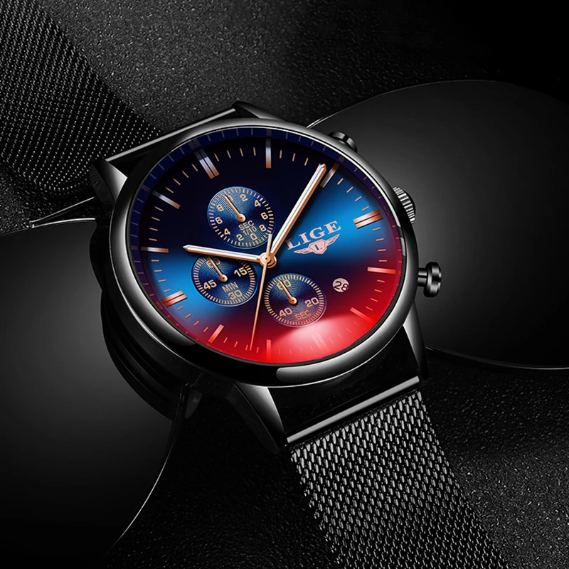 Часы наручные LIGE Мужские кварцевые роскошные брендовые модные повседневные