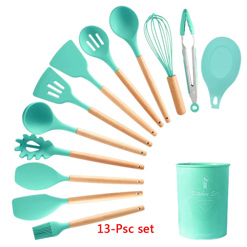 13-Pcs kitchen set 11-13 шт Силиконовая кухонная утварь набор кухонной утвари антипригарный шпатель Премиум деревянная ручка с ящиком для хранения кухонные инструменты - Цвет: 13-Pcs kitchen set