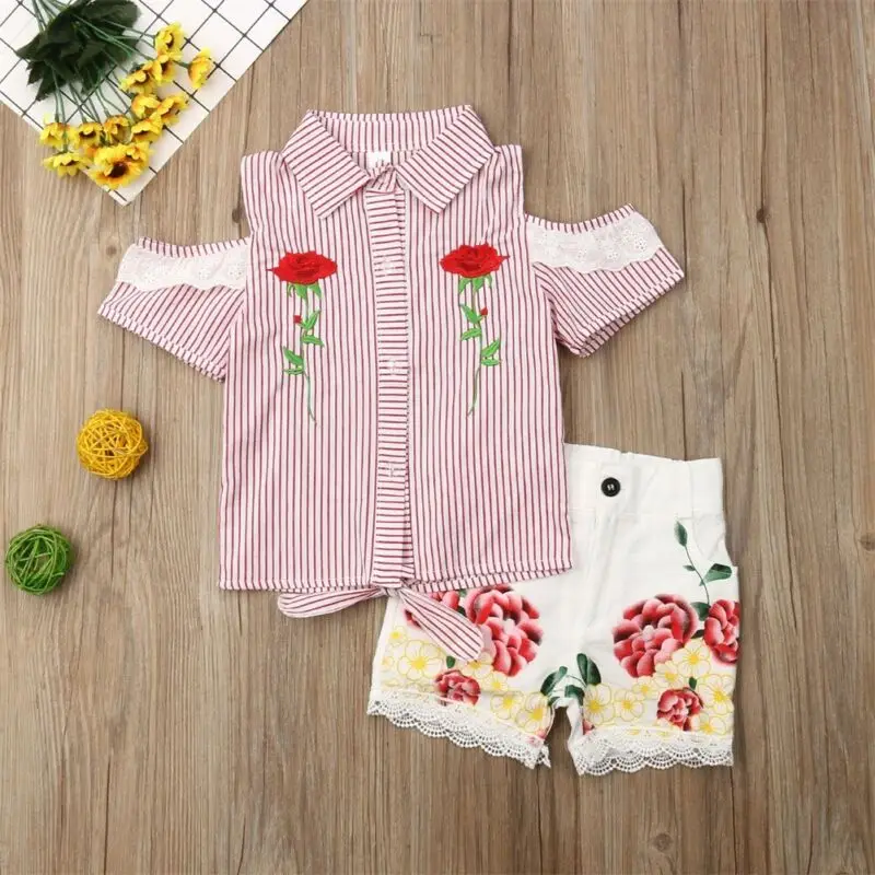 Одежда для маленьких девочек коллекция 2019 года розовые Топы в полоску с розами и