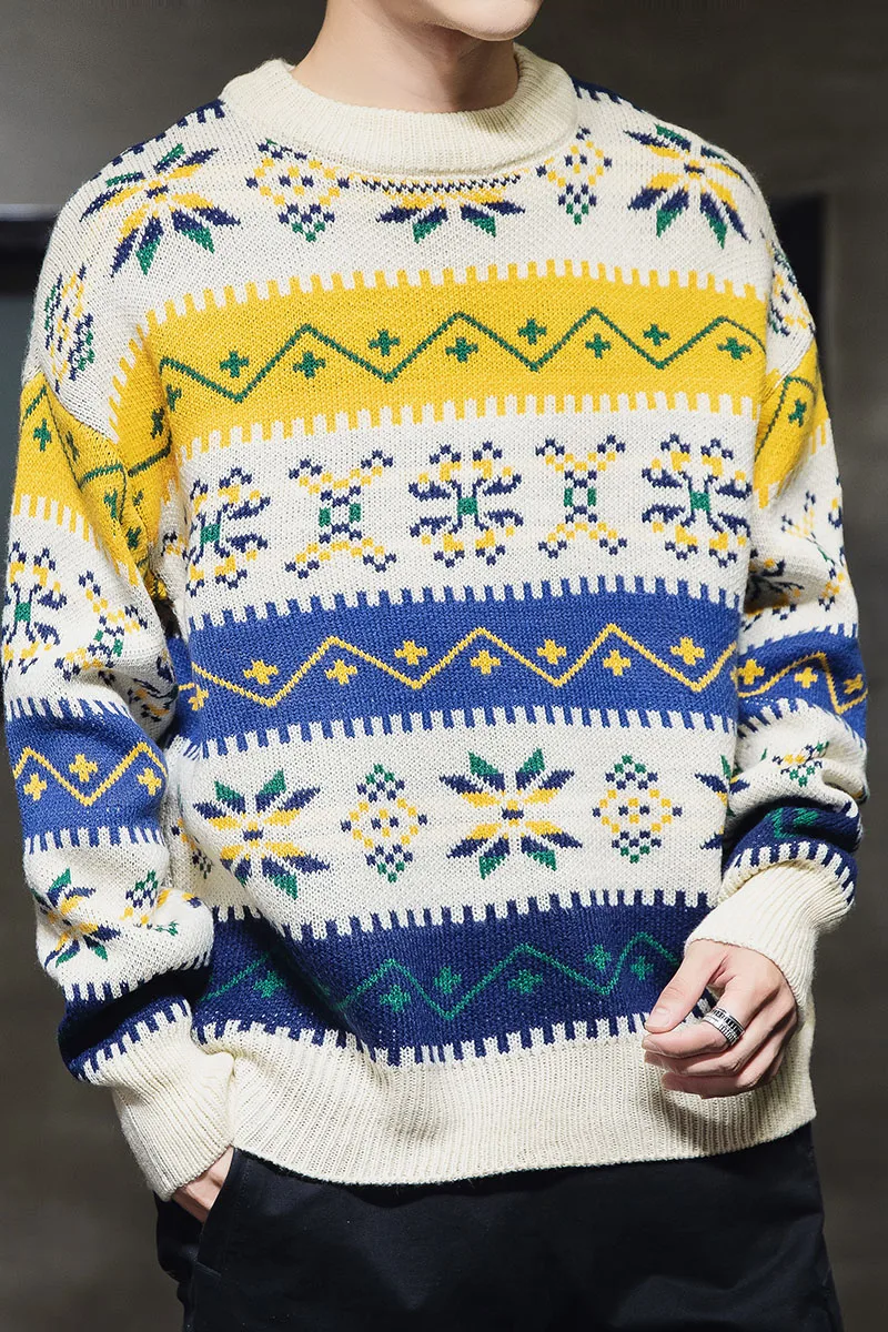 

Men 2020 Autumn New Vintage Style Acrylic Warm Jacquard Sweater Pullovers Men Winter O-Neck Fashion Thick Pattern Sweater