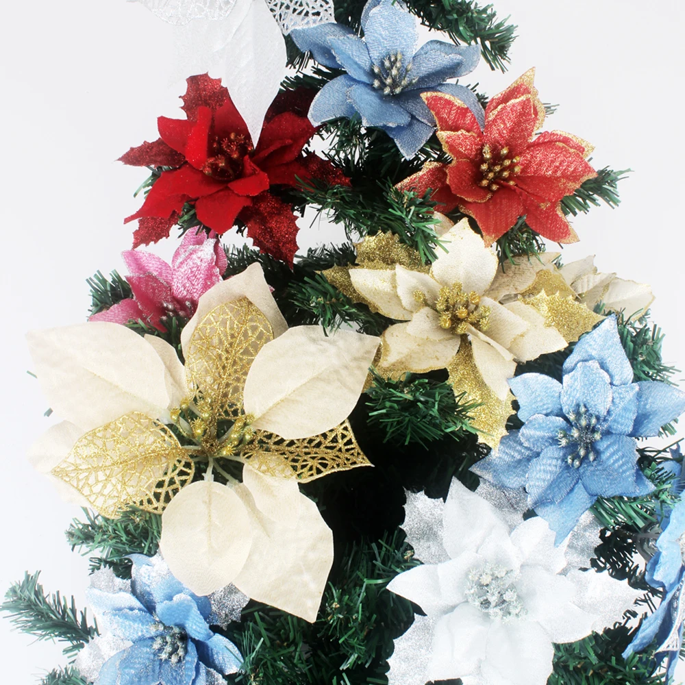 12pcs/lot Artificial Christmas Flowers Plastic&Cloth Glitter Hollow Flower For Christmas Tree Decoration DIY Xmas New Year Decor