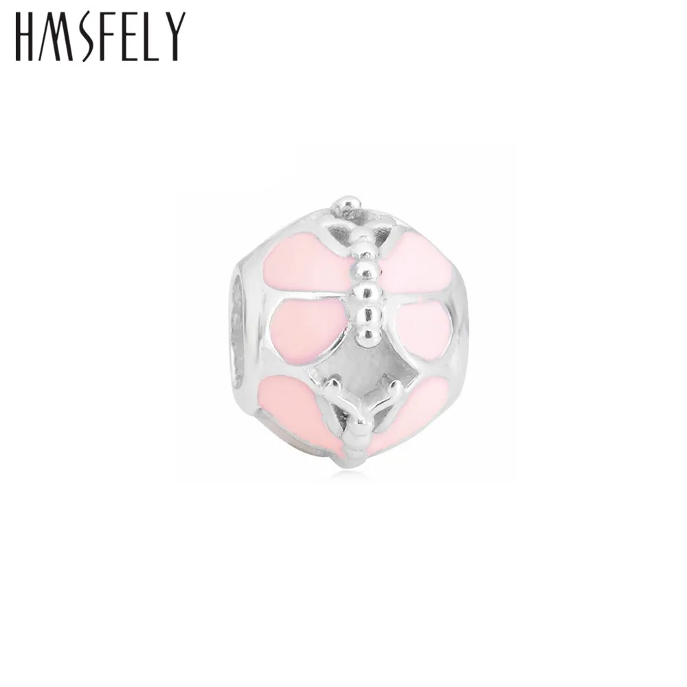 

HMSFELY European Big Hole Pink Enamel Flower Beads 316l Stainless Steel Charm Bead Fit Women Charms Bracelets Jewelry Making