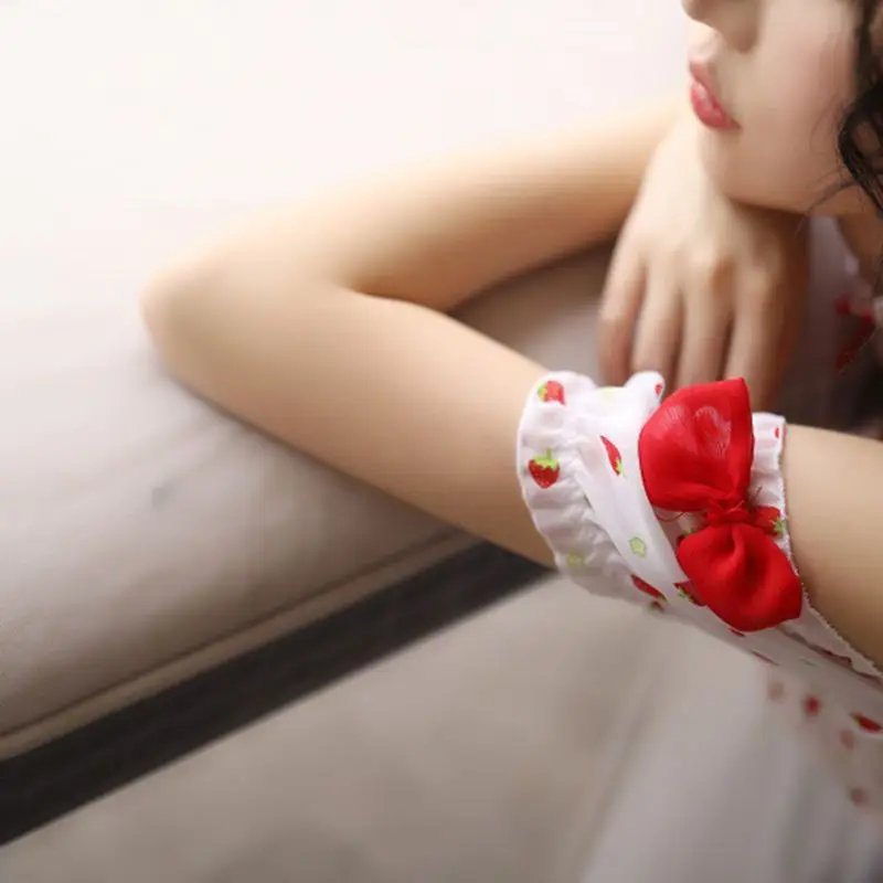 

Women Sweet Strawberry Print Lingerie Set Ruffles Bowknot Crop Top Shorts Pajamas Kawaii Anime Lolita Cosplay Nightwear