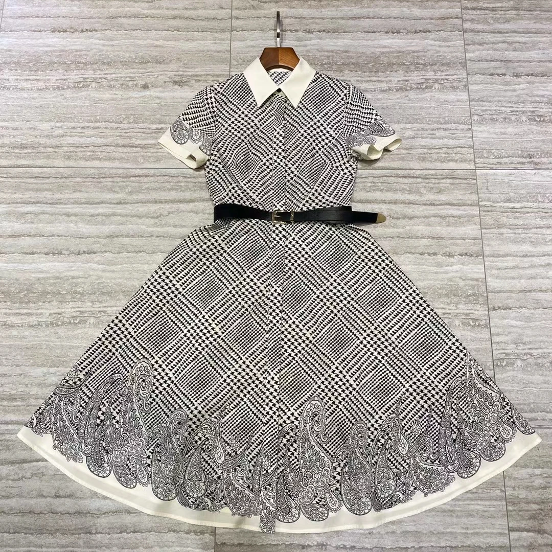 

100% Runway Cotton Fashion Summer Women Designer Classic Plaid Print Office Ladies Belt Elegant Party Long Dress