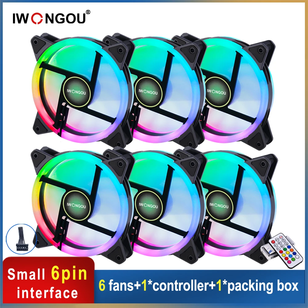 

IWONGOU 120mm PC Fan Kit 6 Computer Case Cooling RGB Fan DC12 Volt Cooler Adjust Color With Controller